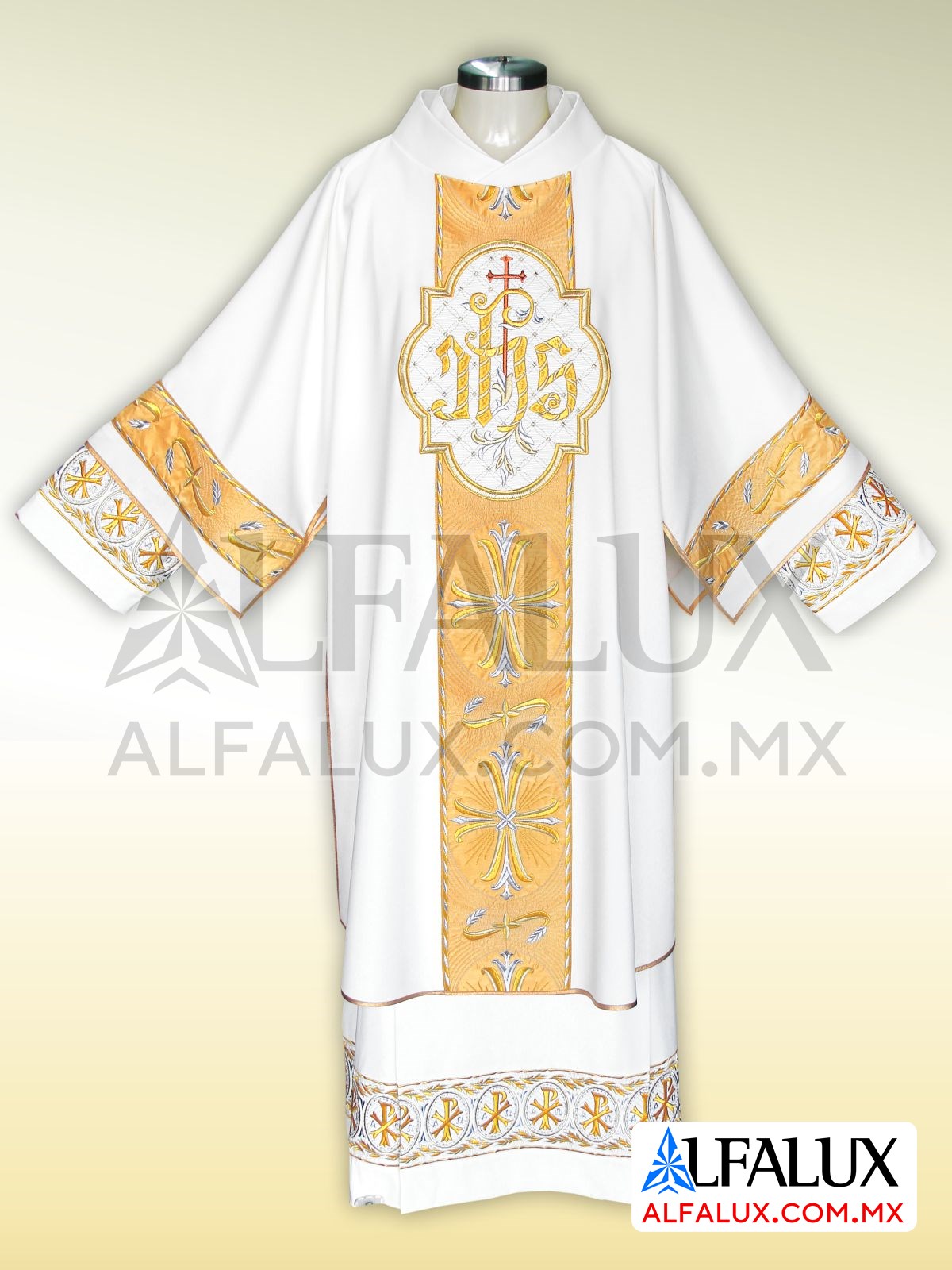 09 SAN ANTONIO Alfalux Dalmática Blanco Dorado Mangas Alba Crismon Medallon JHS 01